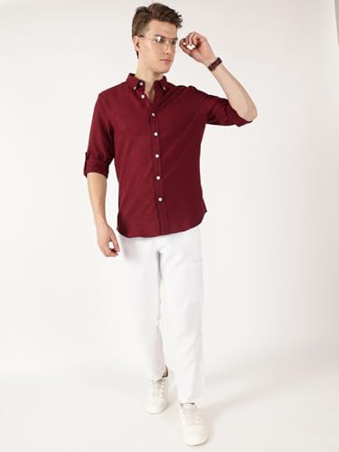 Image of Thomas Scott Men's | Solid | Textured Fabric | Full Sleeve | Slim Fit | Polyester-Blend | Spread Collar | Casual Shirt