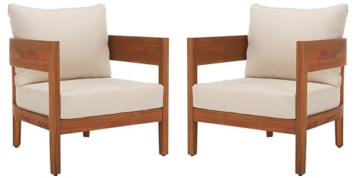 SAFAVIEH Outdoor Collection Theo Natural Teak Solid Wood/Taupe Cushion Arm Chair Set of 2