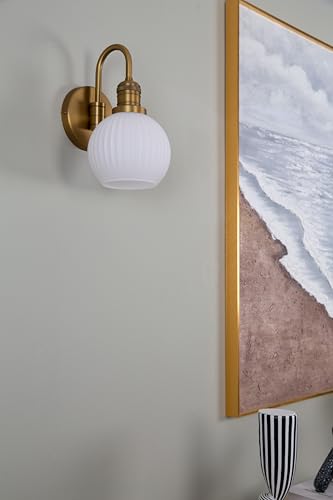 Image of Yosoan Aged Brass Gold Vintage Bathroom Wall Sconce with Striped Shade, 1-Light Classic Indoor Vanity Hardwired Wall Mounted Light, Frosted Milky White Ribbed Glass Shade for Bedroom Hallway(Antique)