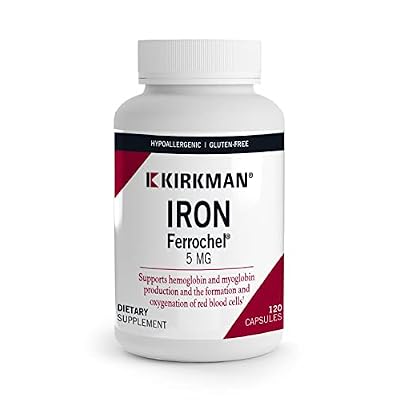 Kirkman Iron Ferrochel 5 mg - Hypoallergenic || 120 Vegetarian Capsules || Minerals || Gluten and Casein Free || Aids in The Production of Hemoglobin || Capsules are Plant Based