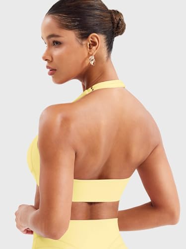 Image of YEOREO Women Halter Sports Bra Light Support V Neck Padded Strappy Open Back Workout Gym Tops