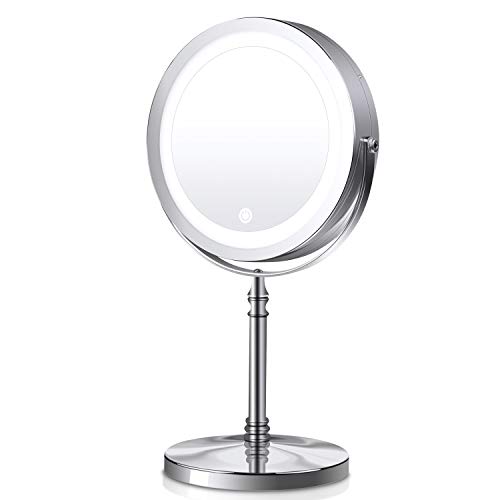 Dual-sided Makeup Mirror, 7 inch 1X/10X Magnifying Mirror with LED Lights, 360 Degree Rotation Plug or Battery Operated Ring Light Beauty Cosmetic Mirror