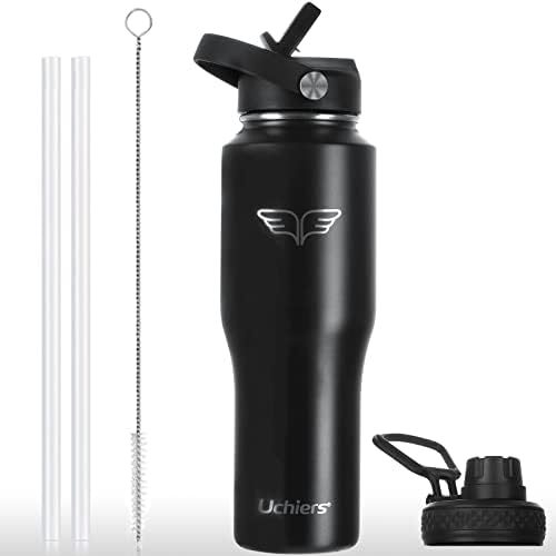 Uchiers 32 oz Insulated Water Bottle Stainless Steel Tumbler Travel Flask Double Wall with Straw Lid and Spout Cap, Fits in Any Car Cup Holders Keep Cold for 24 Hrs, Hot for 12 Hrs (Black)