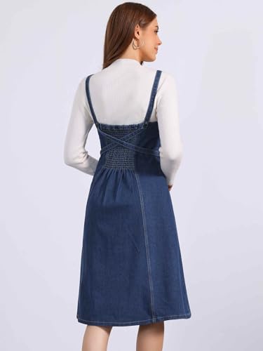 Allegra K Women Midi Denim Dress Sleeveless Sweetheart Neck Smocked Cross Back A-Line Belted Jean Dresses4