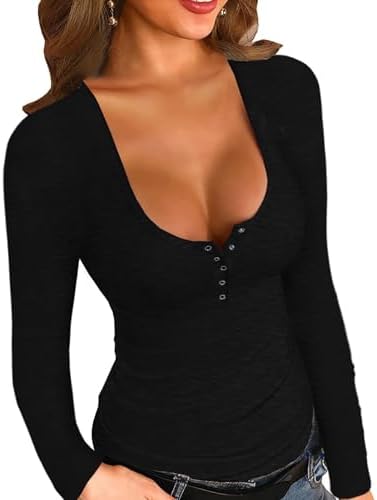 Fisoew Damen Langarmshirt Tiefer Ausschnitt Pullover | Sexy,Slim Fit,Henley Shirt,Button Down Oberteile,Baumwolle,Longsleeve,Bluse,Top