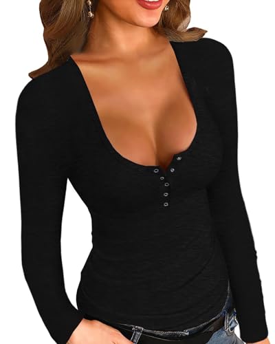 Fisoew Langarmshirt Tiefer Ausschnitt Damen Henley Shirt Sexy Baumwolle...