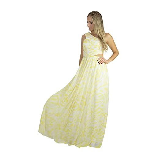 Vestido Longo Liage Um Ombro Estampado Transparência Tela Recorte Telinha Amarelo Branco Off-White Tamanho:P; Cor:Amare