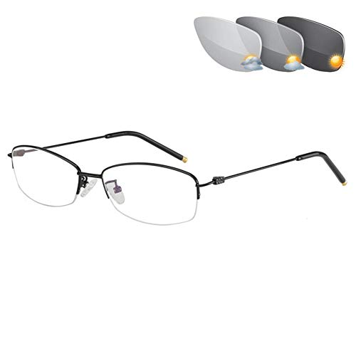 D&XQX Femmes photochromique Lunettes de Lecture extérieure 100% UV Protection Anti Glare réduire la Fatigue des Yeux 1,56 asphérique résine Objectif Demi-Lunettes de Soleil Monture en métal,Noir,0 Cover