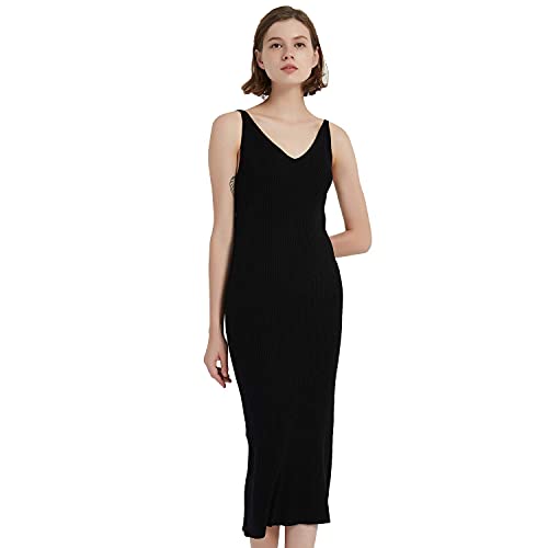 Image of Women's Sleeveless Sweater Dress Knit Slim V Neck Bodycon Midi Stretchable Elasticity Slim Fits
