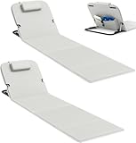 2er Set Strandmatte Klappbar mit Rückenlehne 165cm, 5-Stufige Verstellbarer Strandliege Klappbar Leicht mit Staufach, Kopfstütze & Tragetasche, 100 kg Belastbar, für im Freien, Strand (Hellgrau)