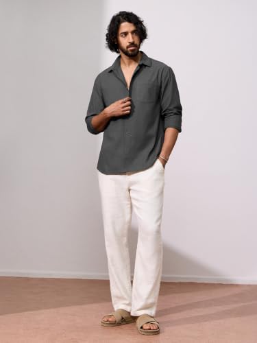 Image of The Souled Store Cotton Linen: Men and Boys Long Sleeve Spread Collar Solid Cotton Relaxed Fit Easy to Style Everyday Office Wear Cotton Linen Shirts