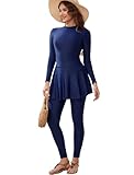 ABEWIP Muslim Swimsuits for Women 3 Piece Long Sleeves Swimming Suit Islamic Swim Tops Pants Skirt Rash Guard Navy Blue XL