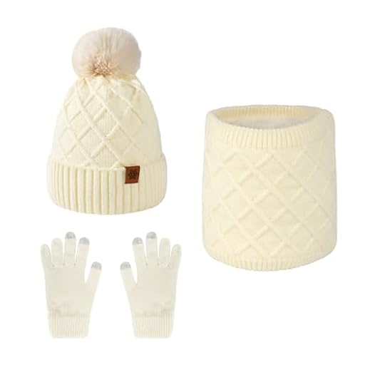 Set de 3 Piezas, Gorro, Bufanda Tubular y Guantes Touchscreen Mujer, Tejido Polar con Forro, Cálidos y Elegantes para Uso Diario, Trabajo y Actividades al Aire Libre (Blanco) | Ya disponible en tu tienda friki favorita! En mundofriki.es!