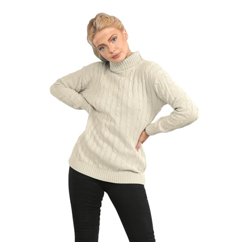 Image of janisramone® Polo High Neck Jumpers for Women UK, Cable Knitted Long Sleeve Ladies Jumpers, Casual Pullover Winter Turtle Neck Tops for Women Size 8-137 Stone