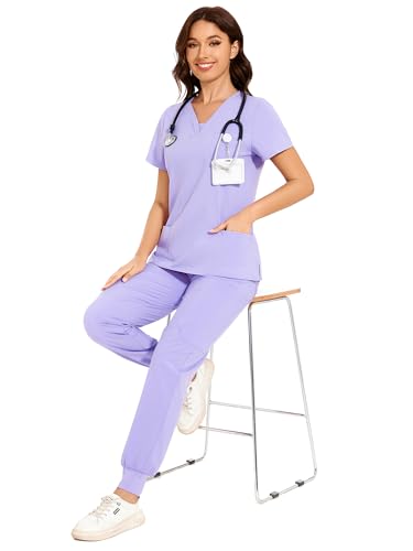 Scrubs for Women - V-Neck Top & Cargo Pants Scrubs Set, Light Purple, XXL by COZYFIT - Used condition - Image 12