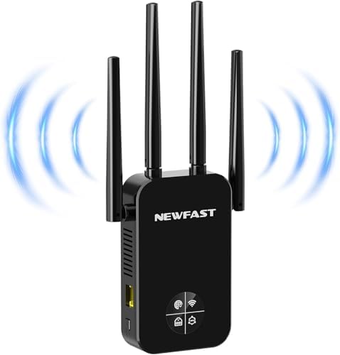 NEWFAST WLAN Verstärker,1200Mbps WiFi Extender Dual-Band WLAN Repeater | mit 4 Schwenkbare Antenne,WPS,MU-MIMO,Unterstützung Repeater/Router/Ap Modus für Zuhause und Büro,1-Tippen