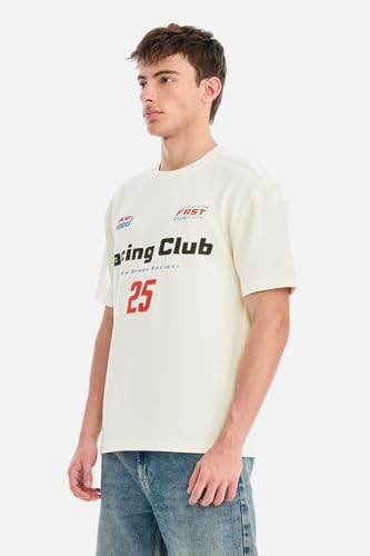 Image of SNITCH Men T-Shirt | Oversized Racing Club Typographic Graphic Print Crew Neck Drop Shoulder | Polyester Cotton Elastane Ribbed Jersey Knit Casual Streetwear