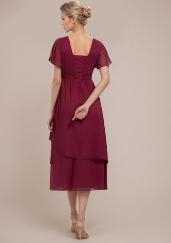 Tea Length Mother of The Bride Dresses for Women Flutter Sleeves Ruffle Chiffon Formal Wedding Guest Dress4