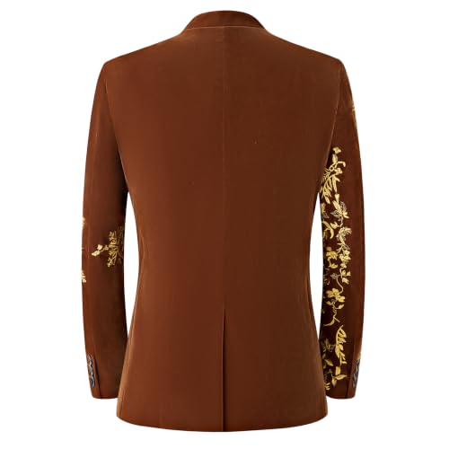 DAMANGUAN Men's Black Velvet Blazer with Gold Floral Embroidery, Slim Fit Suit Jacket for Wedding, Party, Banquet, Prom (US, Alpha, 3X-Large, Regular, Regular, Brown) — view 2