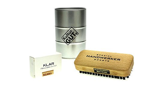 Preisvergleich Produktbild KulturGUT Das Geschenk für den Handwerker, Bürste aus Buchenholz mit kurzen starken Wildschweinborsten, mit Riesling Seife im Fass, EIN ideales Mitbringsel