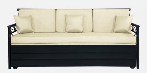 Image of 3 Seater Metal Sofa Cum Bed with Hydraulic Storage | Queen Size Sofa Cuma Bed | 76 inch x 60 inch Cream Metal Sofa Set for Living Room