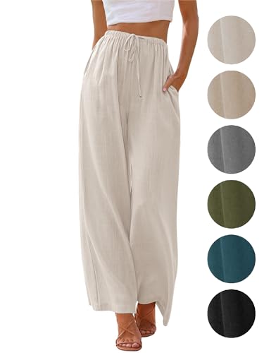 Puimentiua Sommerhose Damen Leicht,Sommer Leinenhosen,Palazzo Hose,Wide Leg Pants,Elegant Stoffhose,Luftig Sommerhosen,Women Leinen,Lockere Hosen mit Weite Bein und Tunnelzug (Aprikose,L)