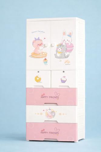 Image of Portable Collapsible Wardrobe for Kids Plastic Storage - Cloth Organizer Cupboard /Multipurpose Storage /Closet for Bedroom /Living Room /Easy to Assemble Room & Home (Pink White)