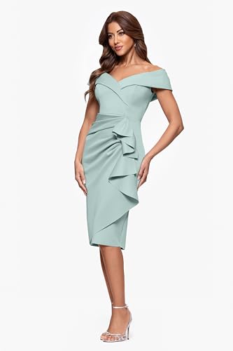 Image of Xscape Women's Bodycon Midi Off-The-Shoulder Ruffle Dress with Center Back Zipper, Petite & Plus Size