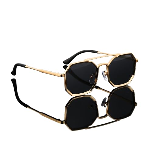 Geometric Hexagon Sunglasses, Gold Metal Frame, Black Lens, Double Bridge, Unisex Fashion Eyewear-image-34
