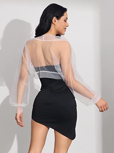 GORAIS Wedding Tulle Bolero Shrug Evening Jacket Long Sleeve Bridal Party Mesh Cardigan for Women and Bride Dresses White - Thumbnail 6