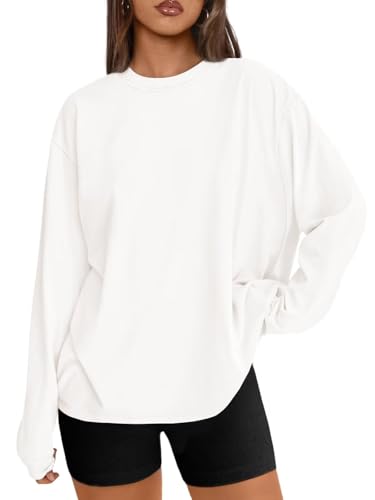 LACOZY Long Sleeve T Shirts Women Casual Round Neck Loose Top Ladies Long Sleeve Oversized T Shirt Tops White XL