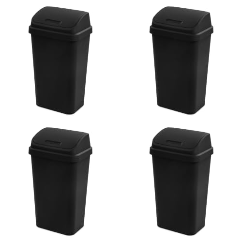 Sterilite Swing Top Wastebasket, Trash Can, 13 Gallon, Black, 4-Pack