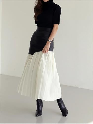 Women's Patchwork Pu Leather Skirt High Waist Midi Folds Color Block Skirts Autumn Fashion Clothing3