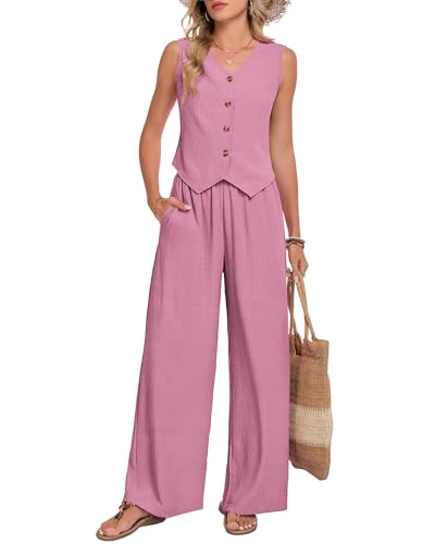 MOLERANI Womens Two Piece Cruise Outfits 2026 Summer Linen V Neck Sleeveless Vest Wide Leg Pants Beach Resort Vacation Travel Airport Casual Business Matching Sets​, Rose Pink, M