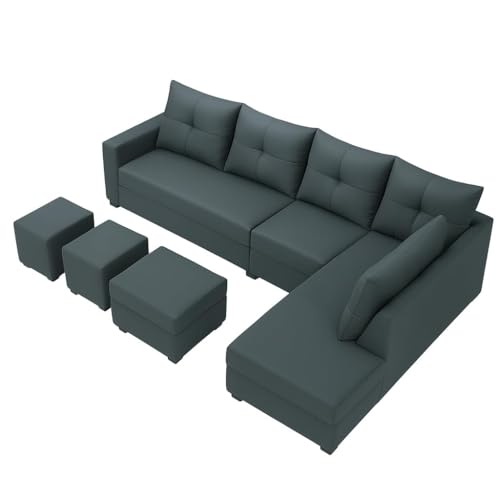 Image of SOCOZI Oriana 8 Seater RHS L Shape Sofa Set | Velvet Suede Fabric L Shape Sofa for Livingroom with 2 Ottoman & Centre Table (Dark Grey)
