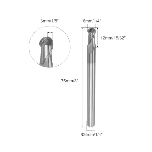 Image of uxcell 2pcs Ball Nose End Mills CNC Router Bits, 3mm (1 /8 inch) Radius Solid Carbide AlTiN Coated 2 Flutes HRC45 6mm (1 /4 inch) Diameter 6mm (1 /4 inch) Shank Cutter Milling Tools