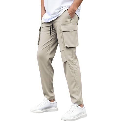 Generico Pantalones cargo para hombre de punto de algodón multibolsillos laterales casuales y cierre de cordón y cordones en la cintura Vintage Pantalones de entrenamiento para el ocio Jogger al aire