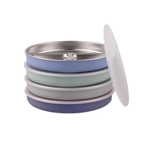Image of Stainless Steel Divided Plates + Silicone Sleeve and Storage Lid | Baby, Toddler, Kids | Dinner & Snack Plates | 4 Pack