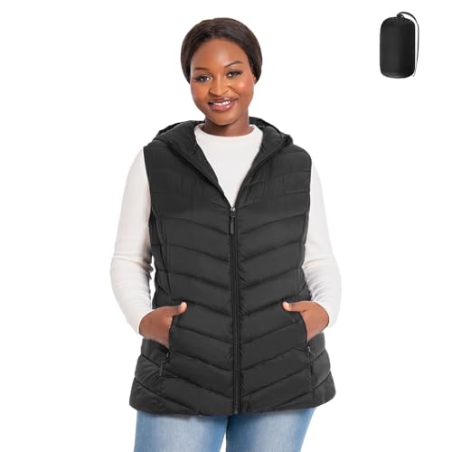 Womens Plus Size Packable Puffer Vest 1X-6X Women's Hooded Lightweight Quilted Puffy Vest