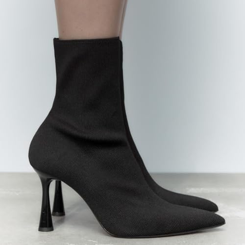 Women'S Knitted Stiletto Pull On Socks Boots Sexy Pointed Toe Breathable Low Heel Non-Slip Party Dating Casual Short Boots4