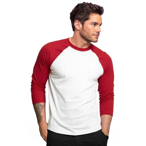 COUVER Mens Long Sleeve Crew Neck Baseball Shirt, Red-White S