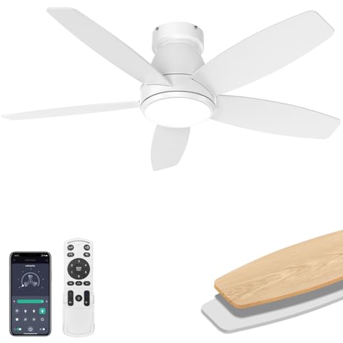 AQUBT Ceiling Fans with Lights, 42 inch Ceiling Fans with Lights and Remote, Dimmable, Noiseless, Low Profile Ceiling Fan with Light for Bedroom, Indoor and Outdoor Use(White)