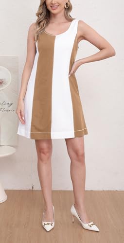 Image of CHARTOU Women Summer Sleeveless Linen Dress Color Block Short Beach Vacation Tank Dress