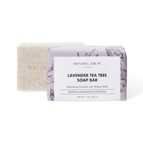 Natural Amor Lavender Tea Tree Soap Bar 7oz – Natural Exfoliating Body Soap with Walnut Shell – Long-Lasting Triple Milled Moisturizing Bar for Men & Women