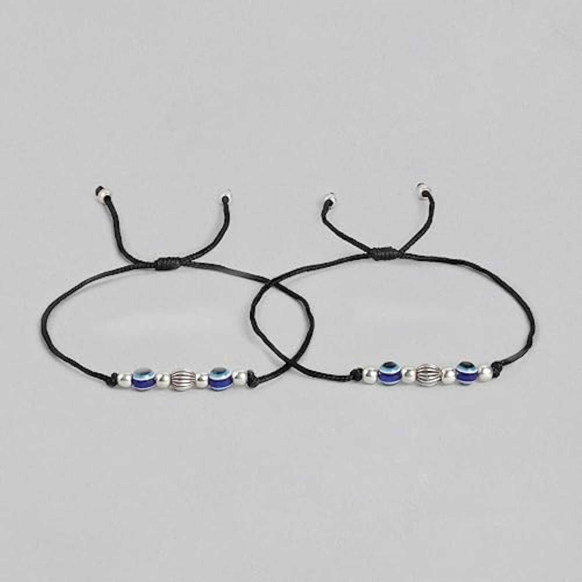 Women's 925 Sterling Silver Beads Evil Eye Rhodium Plated Thread Anklet, Pair