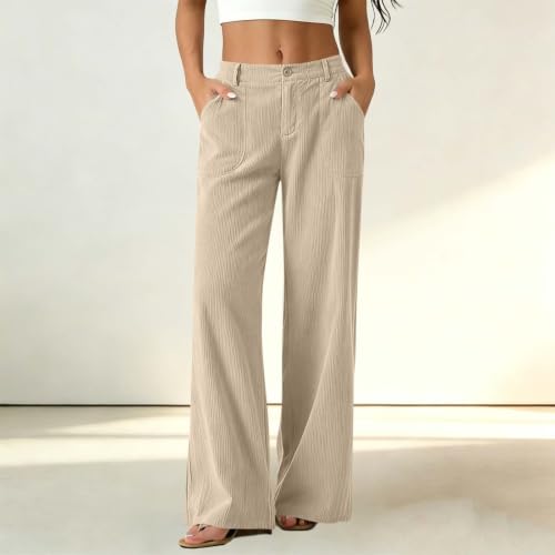 Wide Leg Corduroy Pants Women High Waist Button Front Trousers with Pockets - image 2
