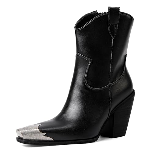 Image of Cowboy Ankle Boots for Women Engraved Steel Toe Cowgirl Boots Stacked Block Heels Short Cowboy Boot Fashion Dressy Western Country Booties