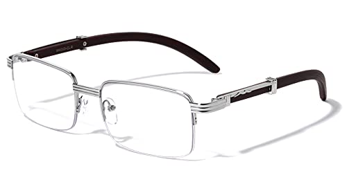 Executive Half Rim Rectangular Metal & Wood Eyeglasses/Clear Lens Sunglasses - Frames (Silver & Cherry Wood, Clear)