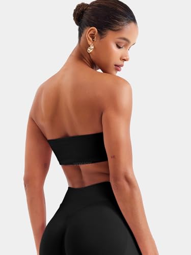 VOYJOY Women Strapless Bandeau Bra Wireless Padded Sports Bra Tube Top Seamless Stretchy Workout Bralette4