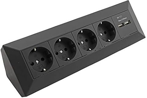 Narożne gniazdko kuchenne z podwójnym gniazdem USB, 4 x gniazdko, 2 x USB, kąt 90°, 230 V, zabudowa i montaż w narożniku, kolor czarny